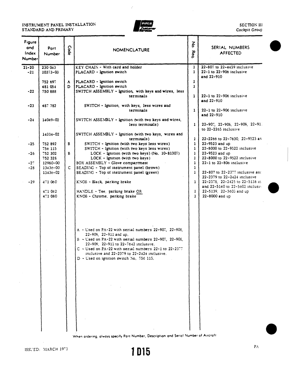 Aviation Part 10373-03 for Piper PA-22 Aircraft
