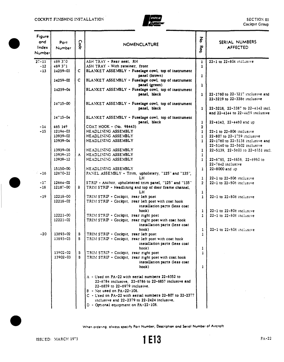 Aviation Part 12221-00 for Piper PA-22 Aircraft