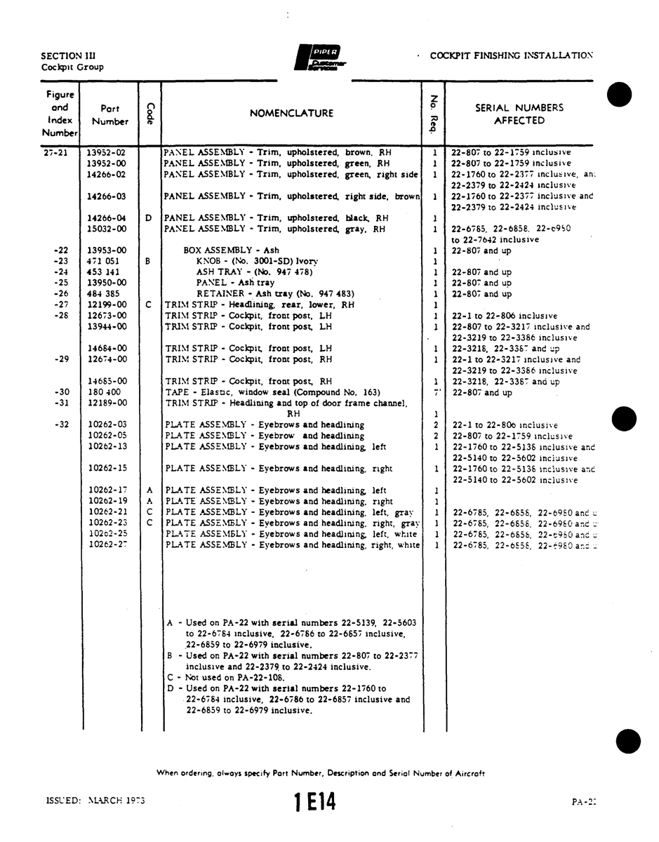 Aviation Part 10262-21 for Piper PA-22 Aircraft