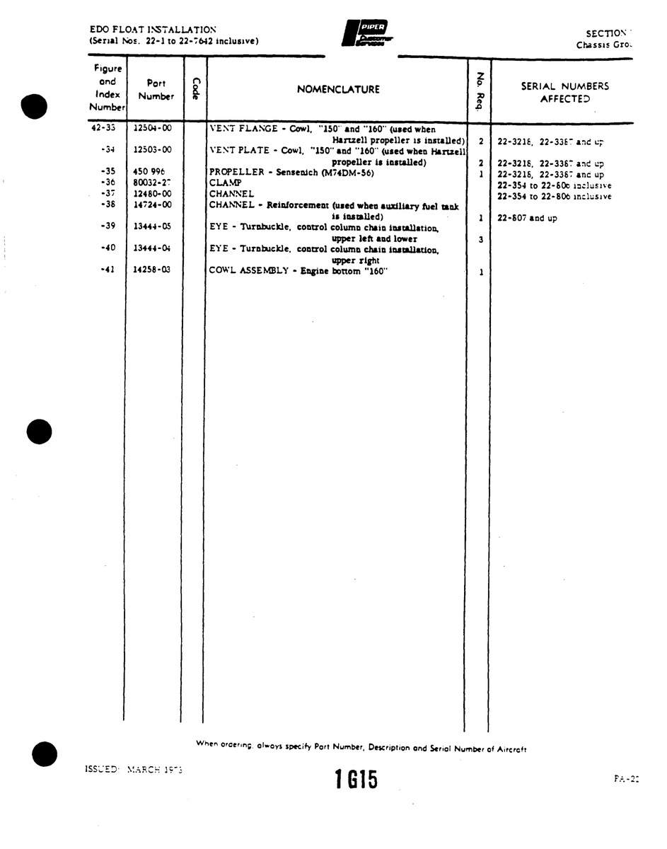 Aviation Part 12505-00 for Piper PA-22 Aircraft