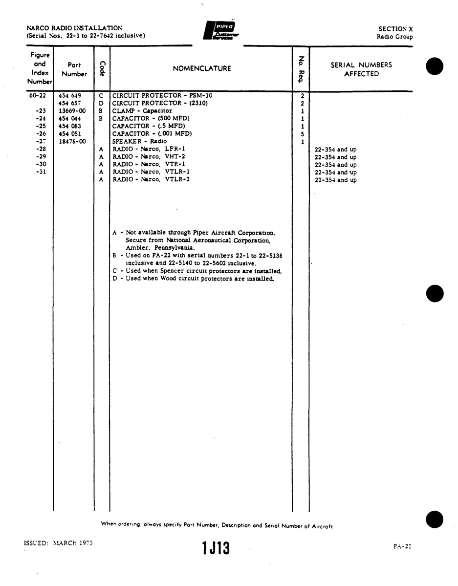 Aviation Part 10476-00 for Piper PA-22 Aircraft