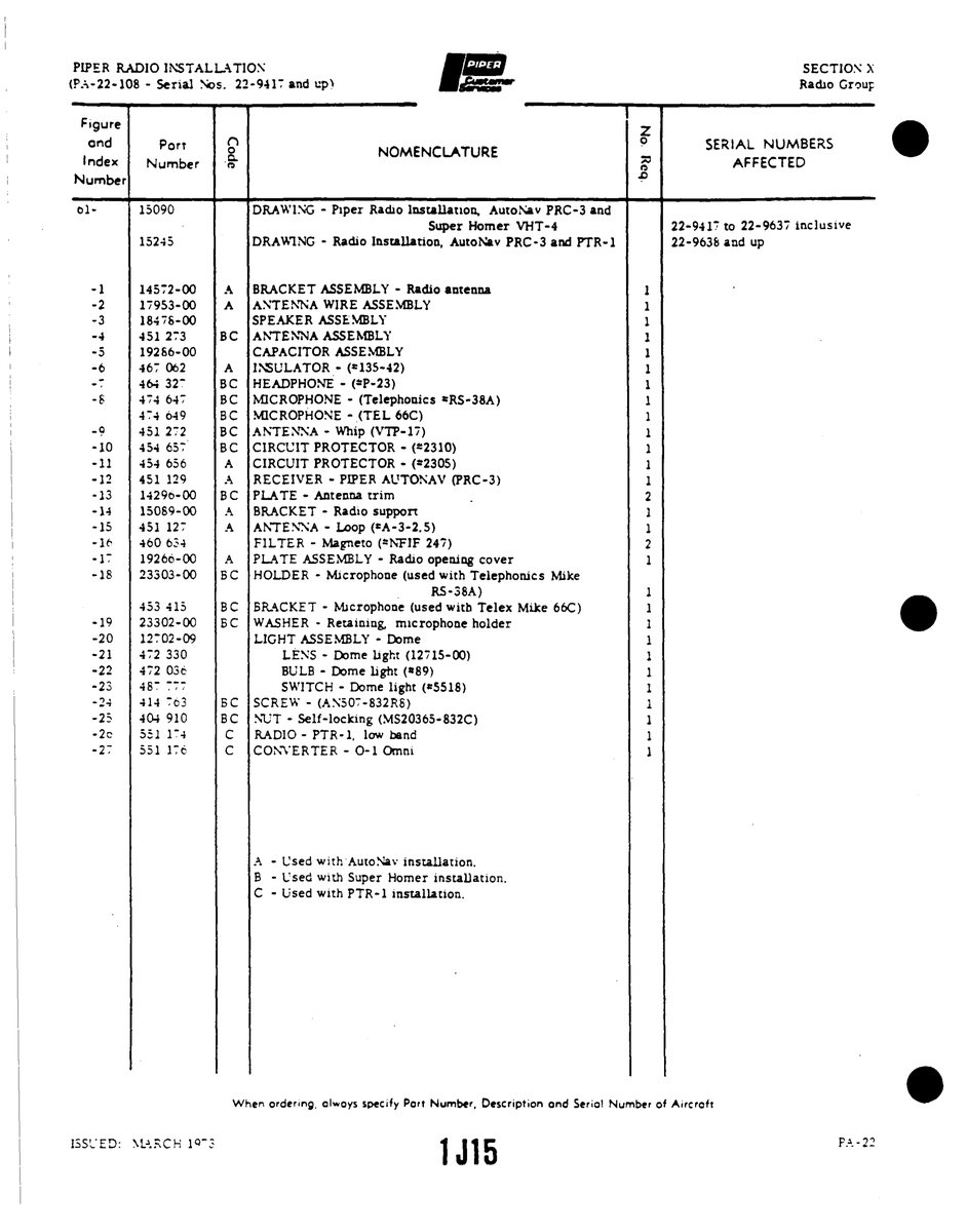 Aviation Part 19260-00 for Piper PA-22 Aircraft