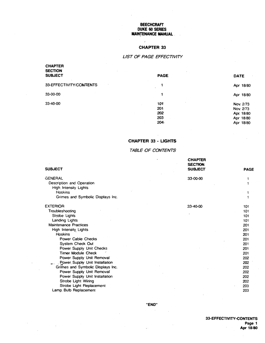 Aviation Part 33-EFFECTIVITYlCONTENTS for Beechcraft 60 Aircraft