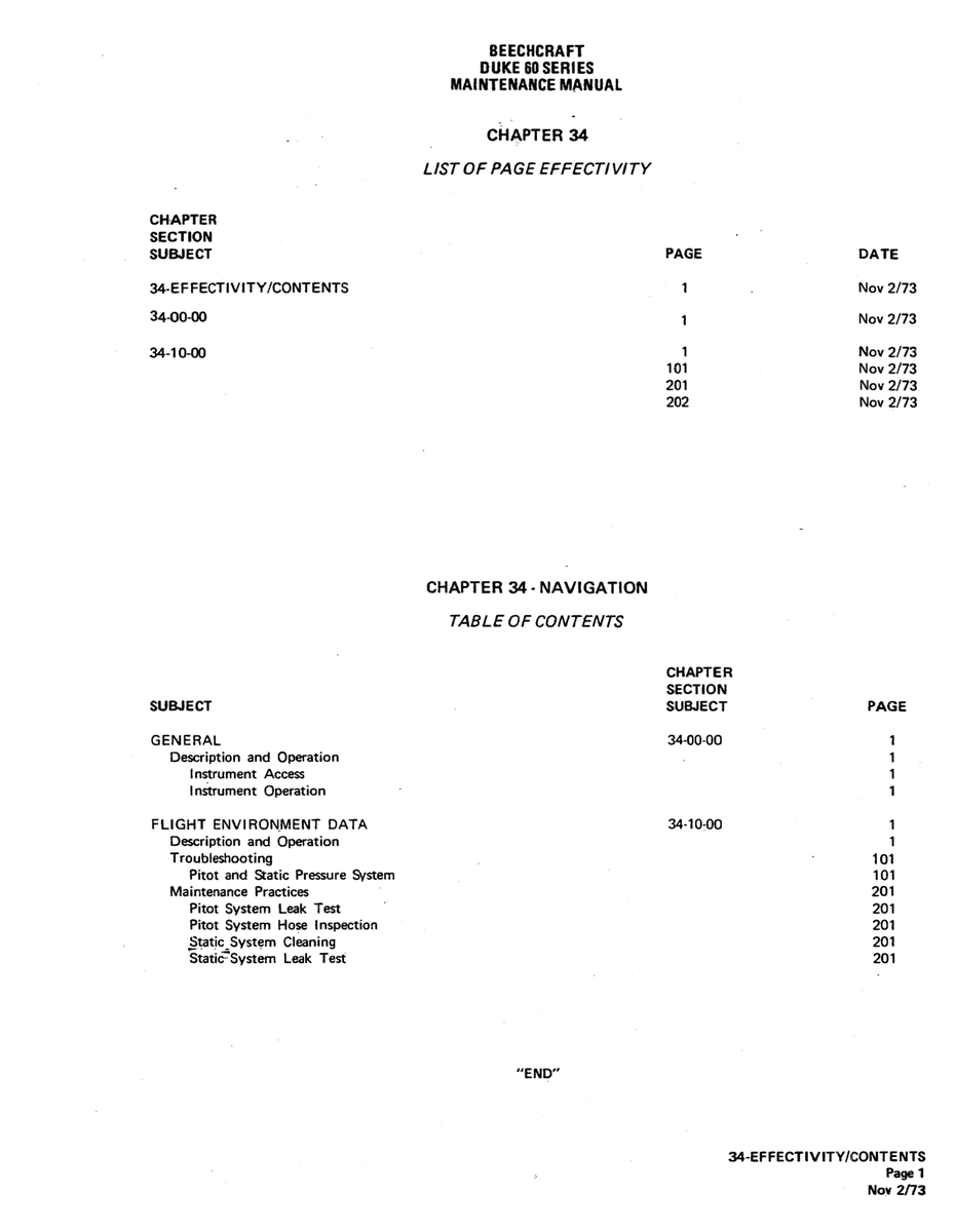 Flight Environment Data Chapter 34-00-00 for Beechcraft 60 Aircraft