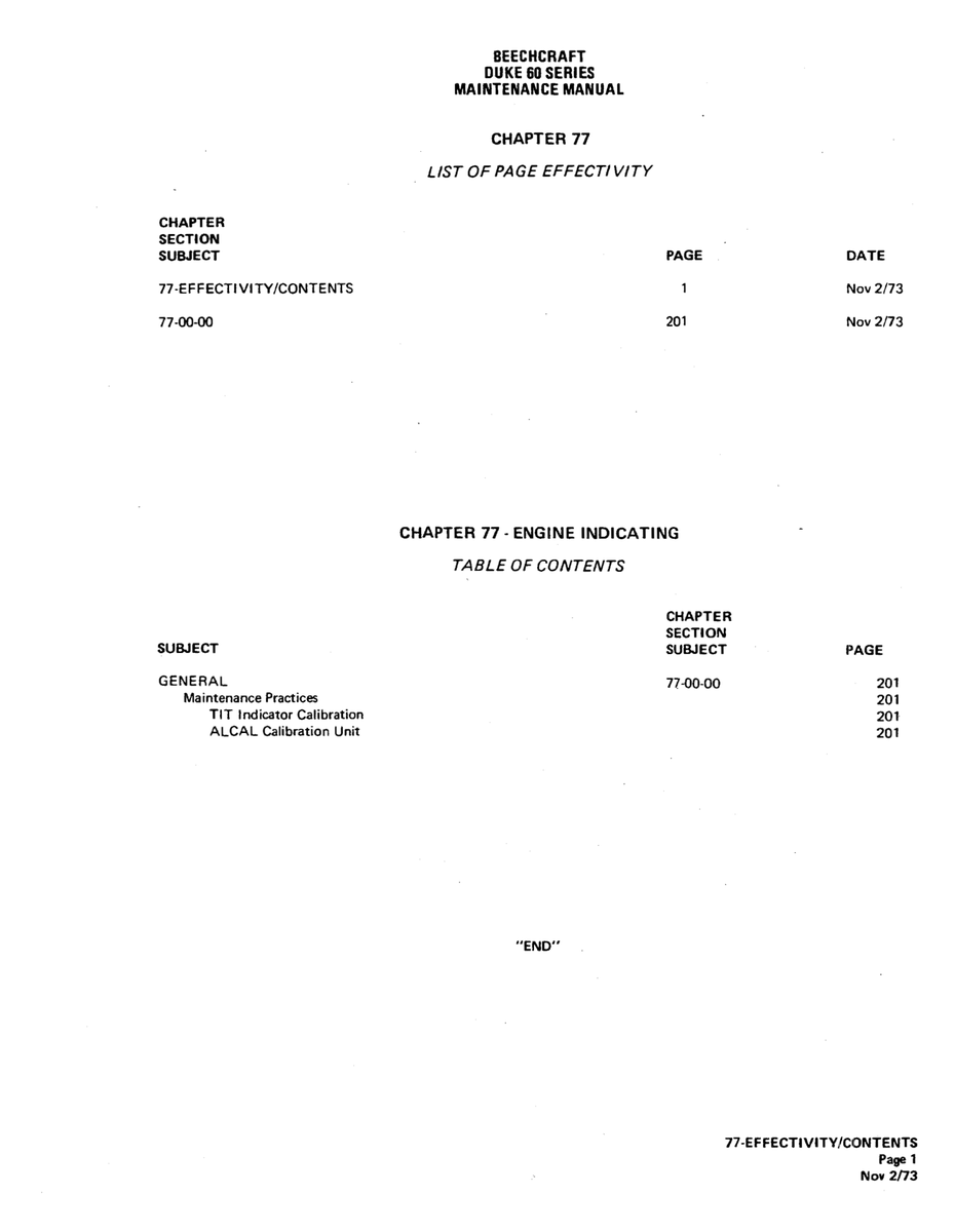 Aviation Part 77-EFFECTIVITYlCONTENTS for Beechcraft 60 Aircraft