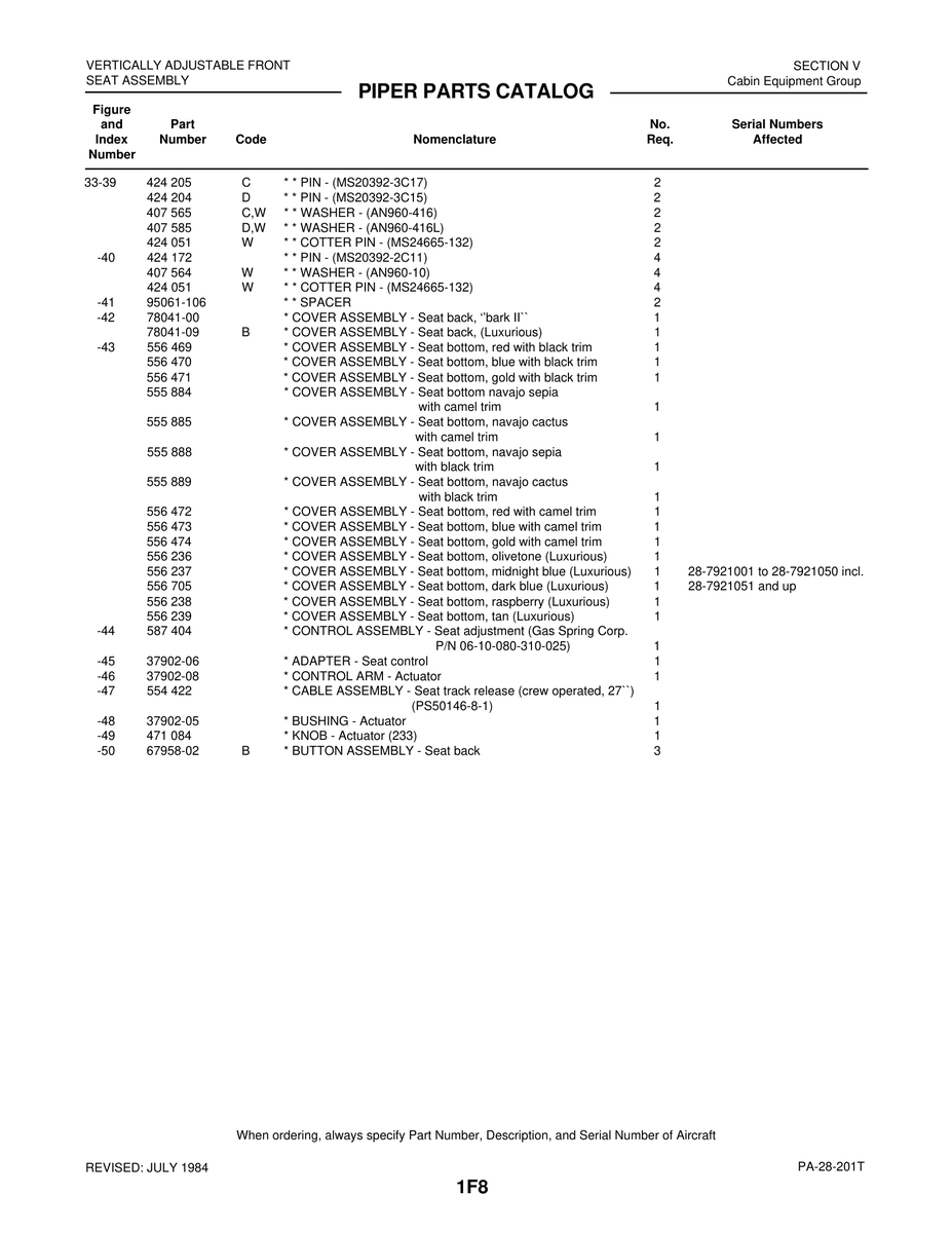 Aviation Part PS50146-8-1 for Piper PA-28 Cherokee Aircraft