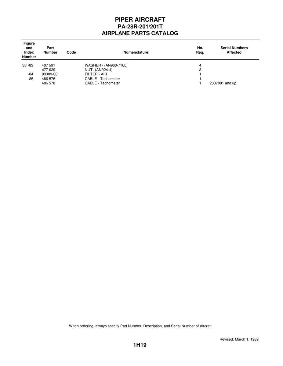 Aviation Part 89309-00 for Piper PA-28 Cherokee Aircraft