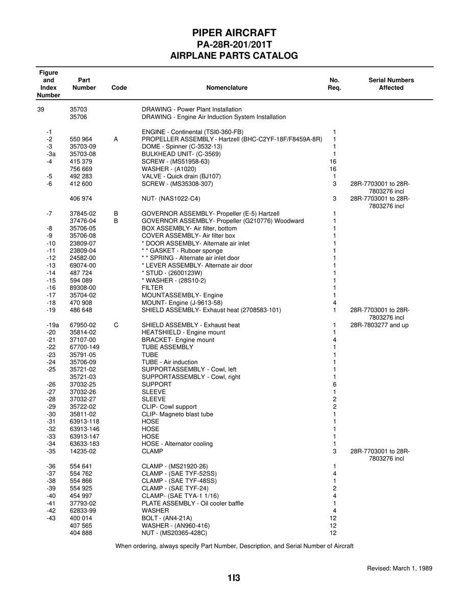 Aviation Part 63913-146 for Piper PA-28 Cherokee Aircraft
