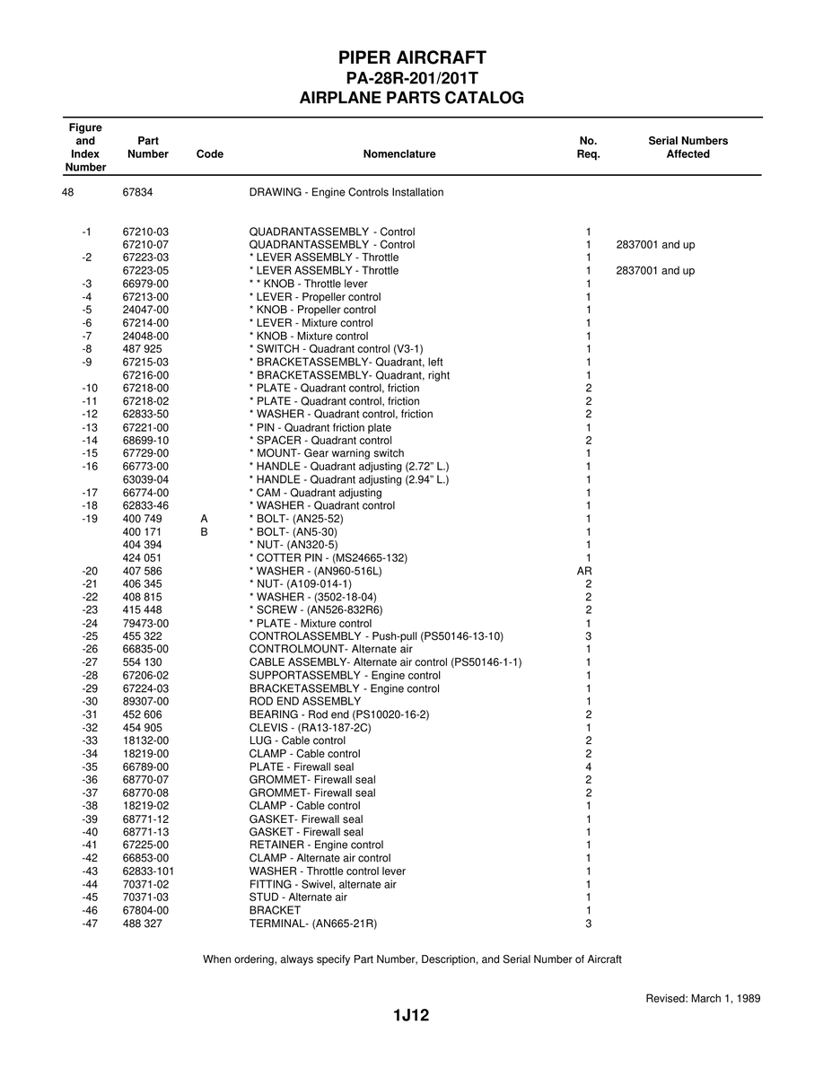 Aviation Part 67210-07 for Piper PA-28 Cherokee Aircraft