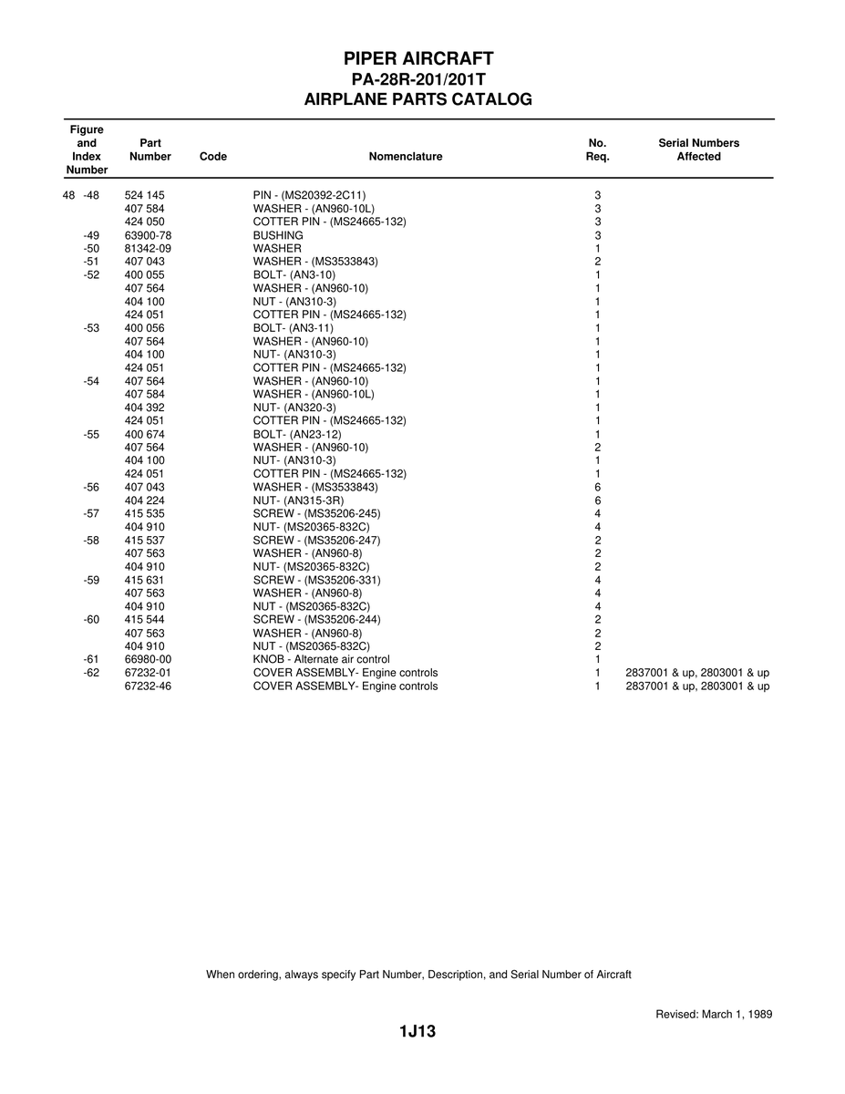 Aviation Part 67232-01 for Piper PA-28 Cherokee Aircraft
