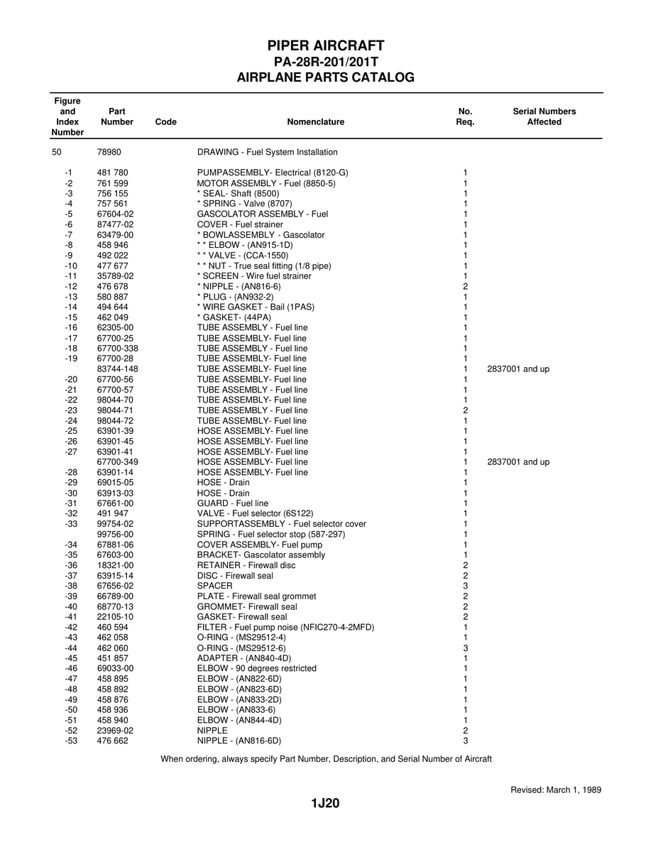 Aviation Part 68770-13 for Piper PA-28 Cherokee Aircraft
