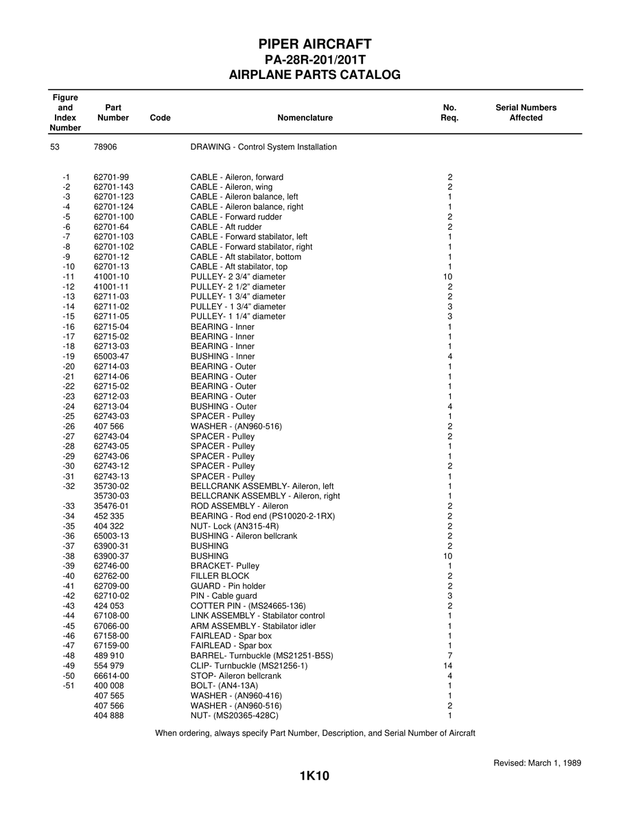 Aviation Part 62701-143 for Piper PA-28 Cherokee Aircraft