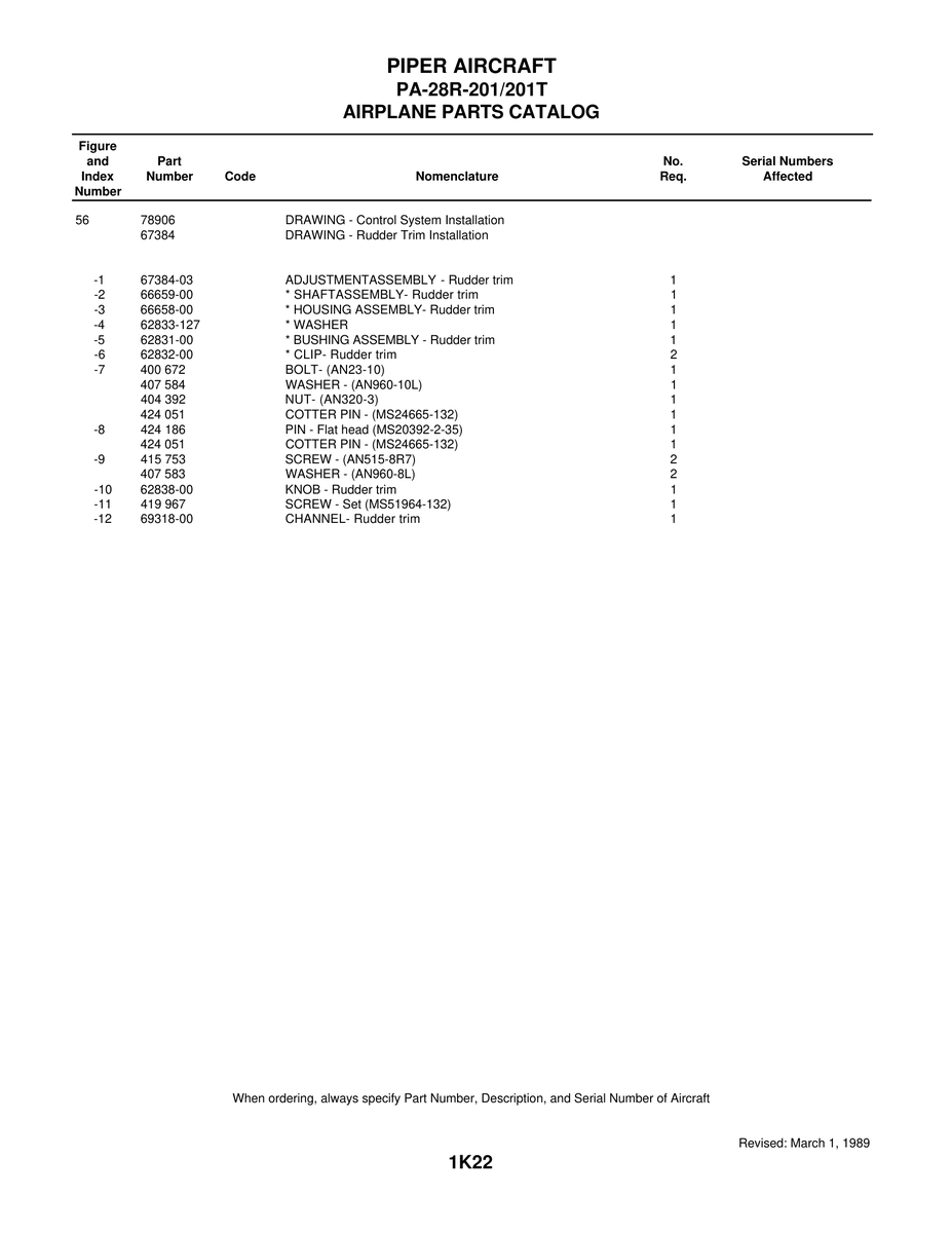 Aviation Part 67384-03 for Piper PA-28 Cherokee Aircraft