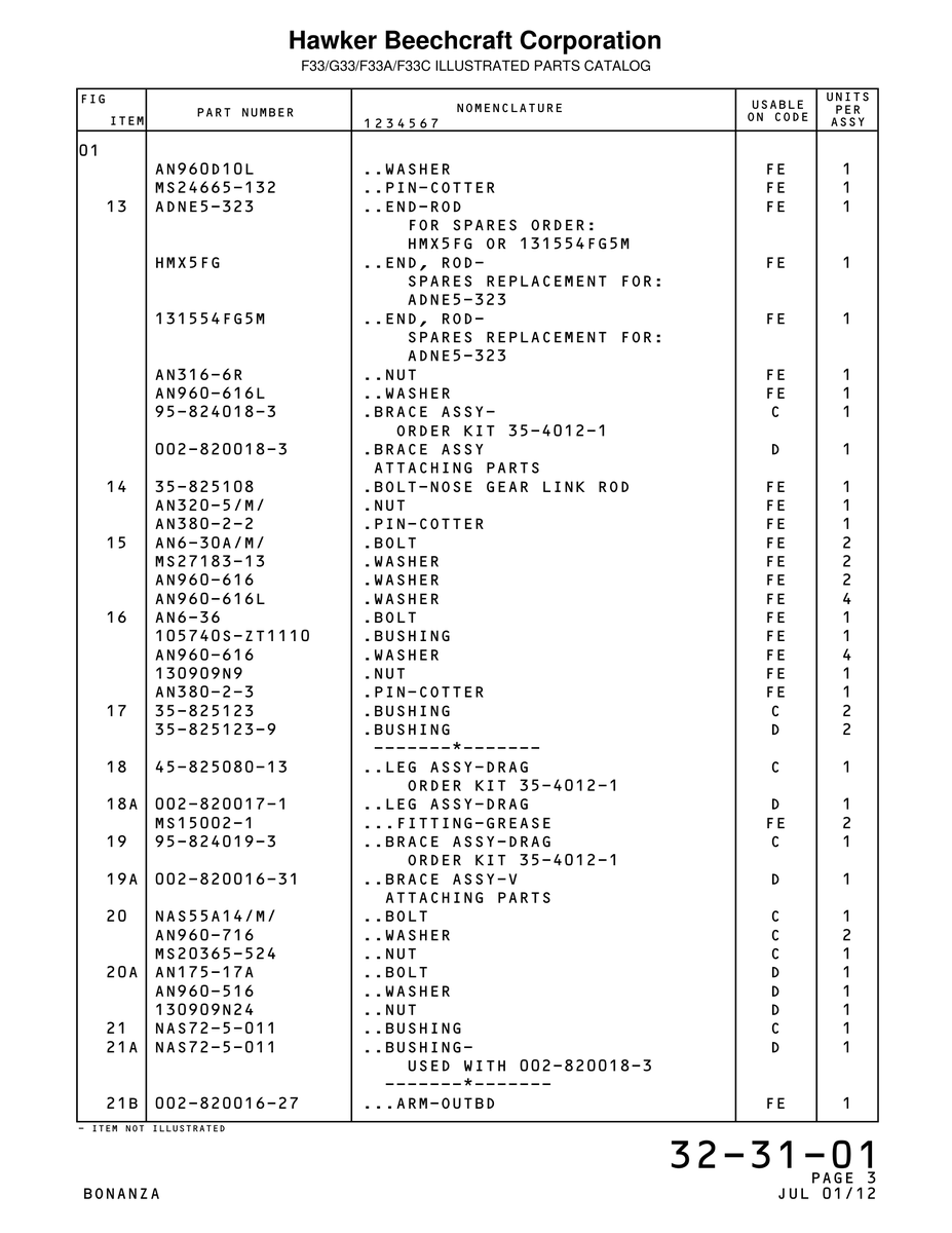Aviation Part 825080-13 for Beechcraft Bonanza F33A Aircraft
