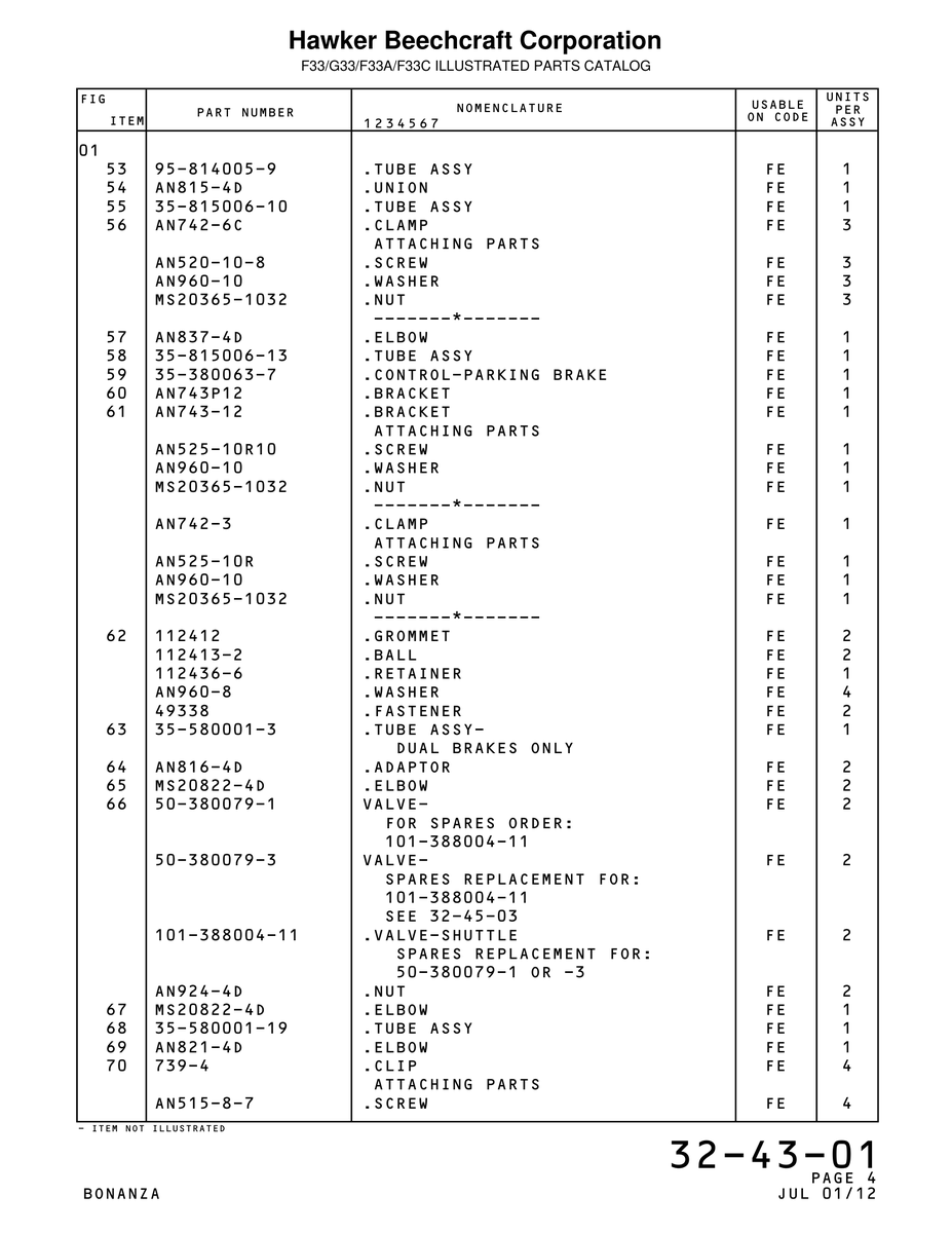 Aviation Part 580001-3 for Beechcraft Bonanza F33A Aircraft