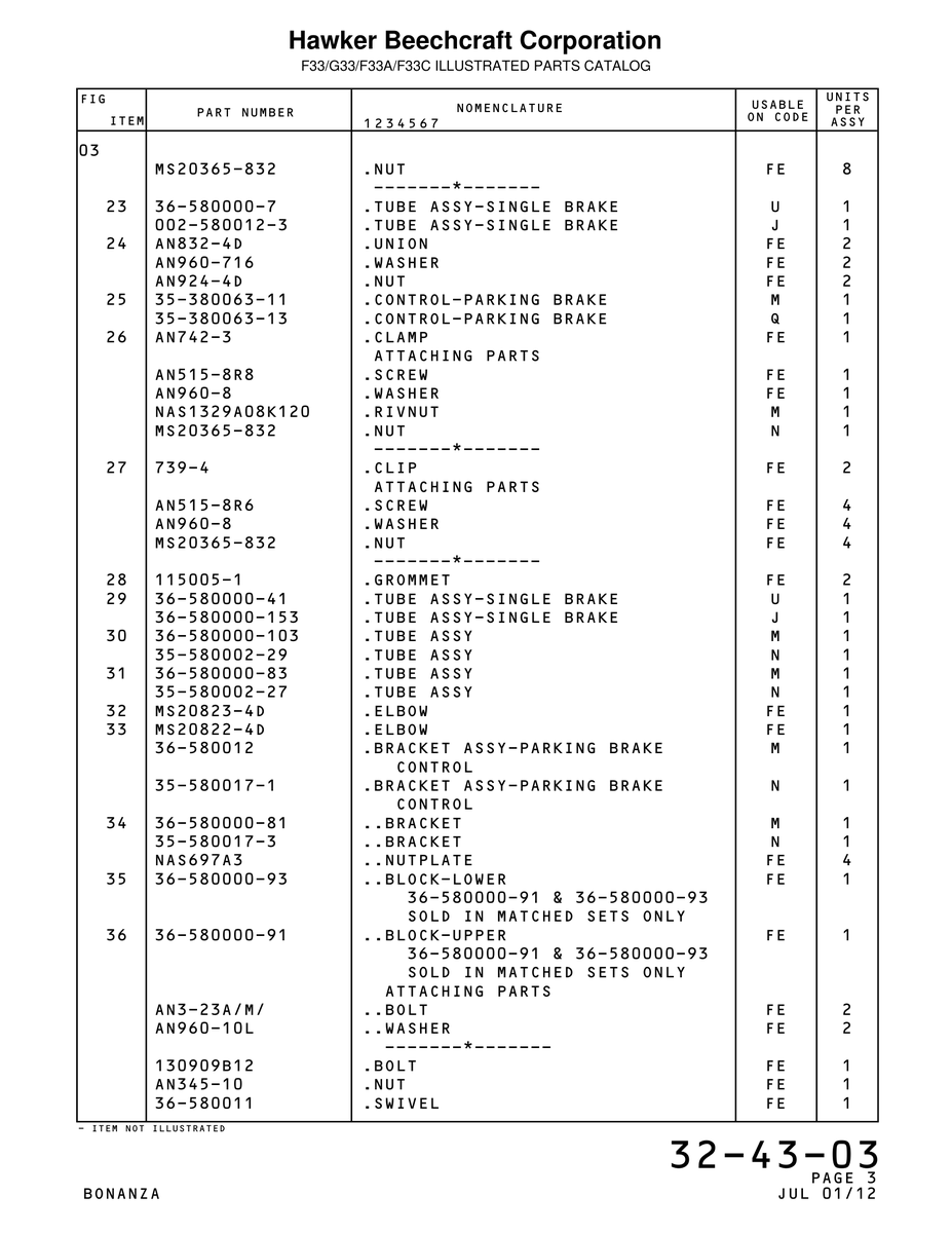 Aviation Part 580017-3 for Beechcraft Bonanza F33A Aircraft