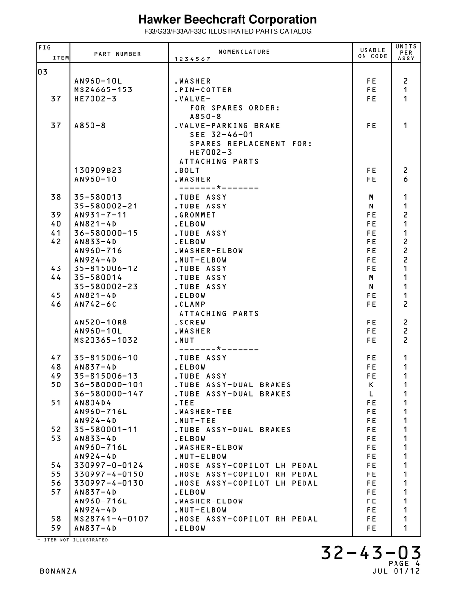 Aviation Part 580000-101 for Beechcraft Bonanza F33A Aircraft
