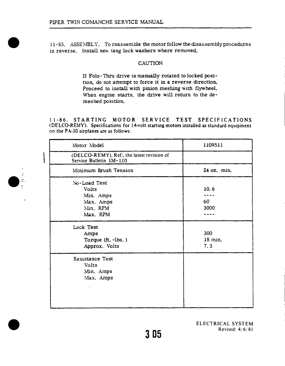 Aviation Part 1109511 for Piper PA-30 Twin Comanche Aircraft