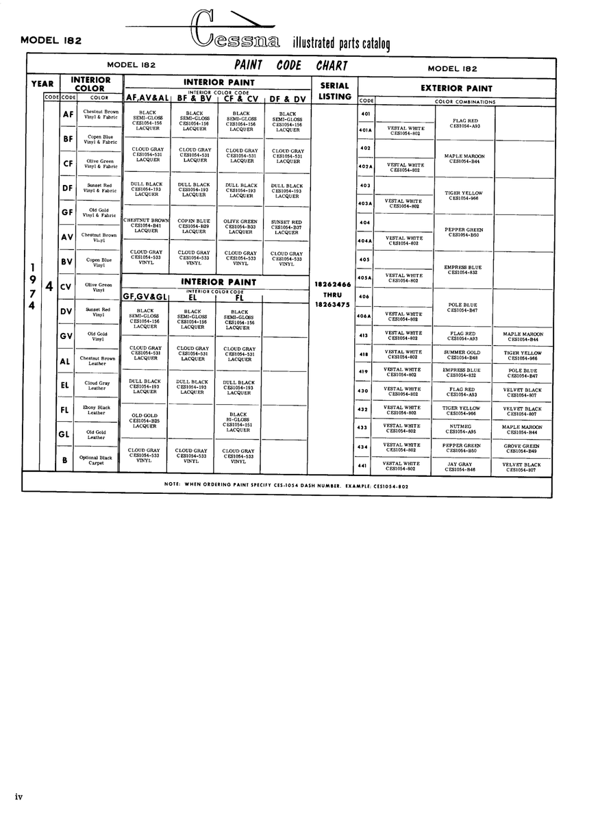 Cessna Color Specification CES1054-158 for Cessna 182 Skylane Aircraft