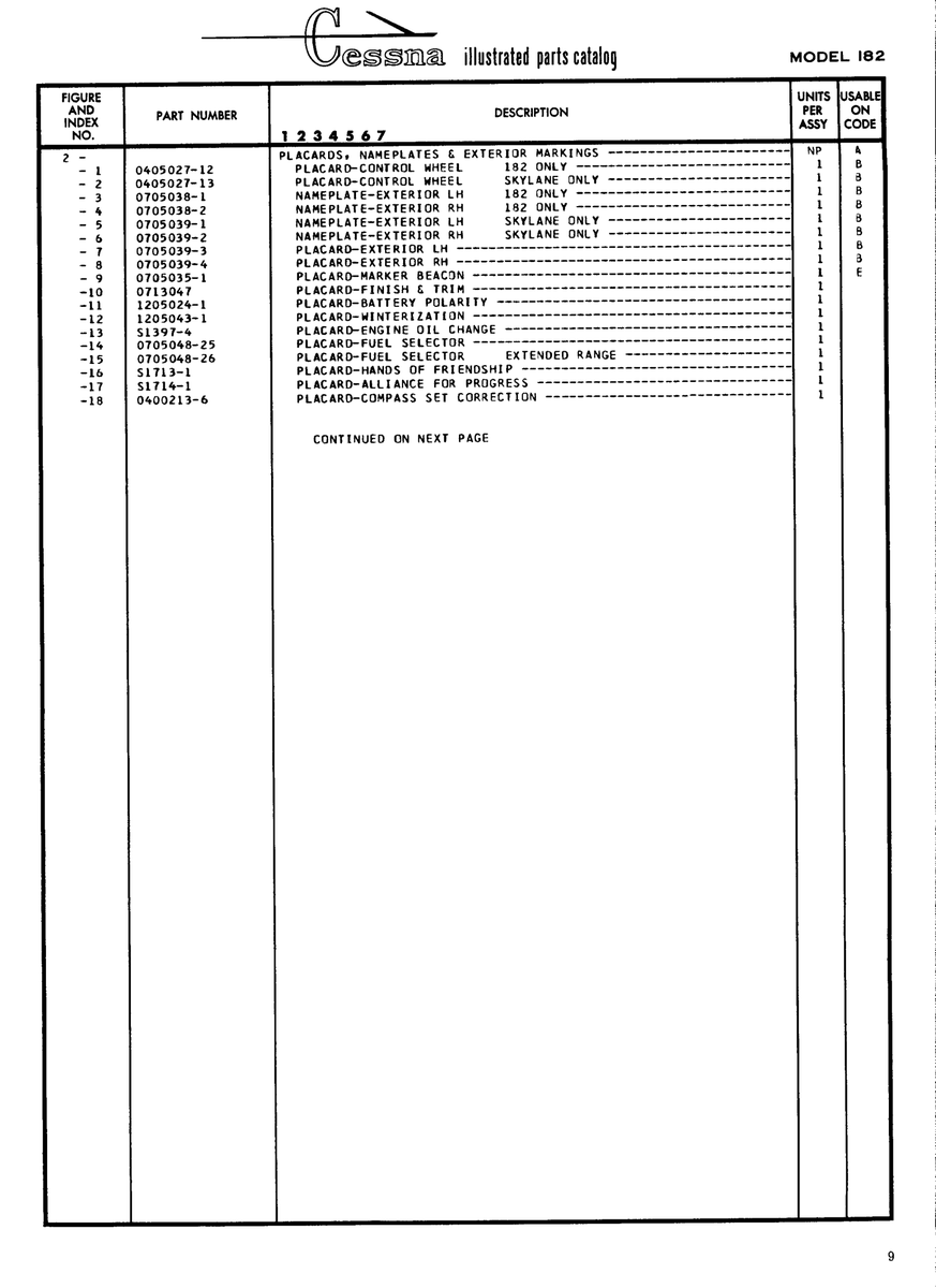 Placard 0400213-6 for Cessna 182 Skylane Aircraft