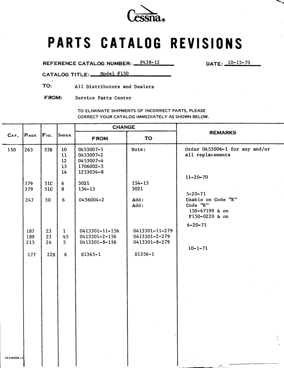 Aviation Part 0413301-8 for Cessna 150 Aircraft