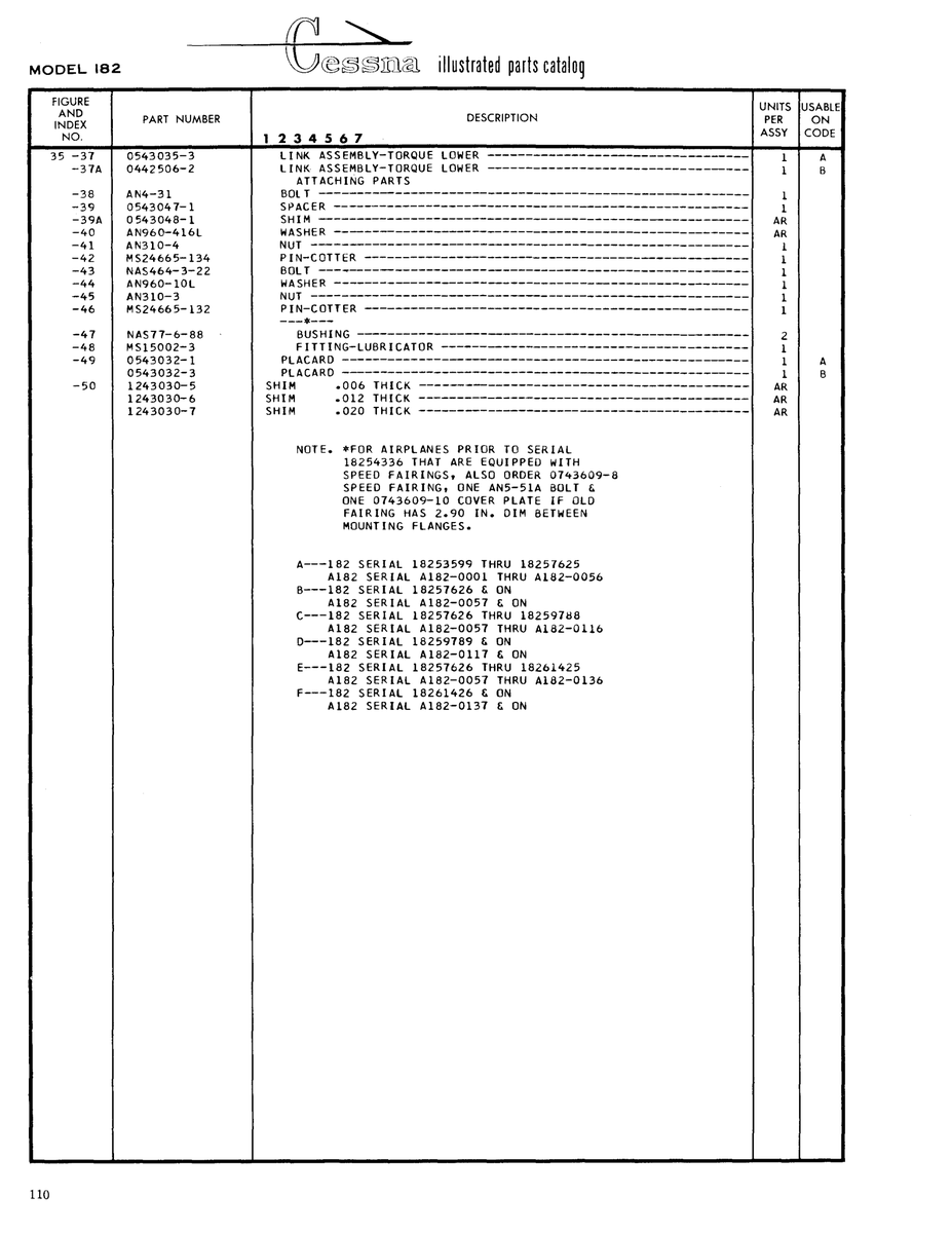 Aviation Part 0442506-2 for Cessna 182 Skylane Aircraft