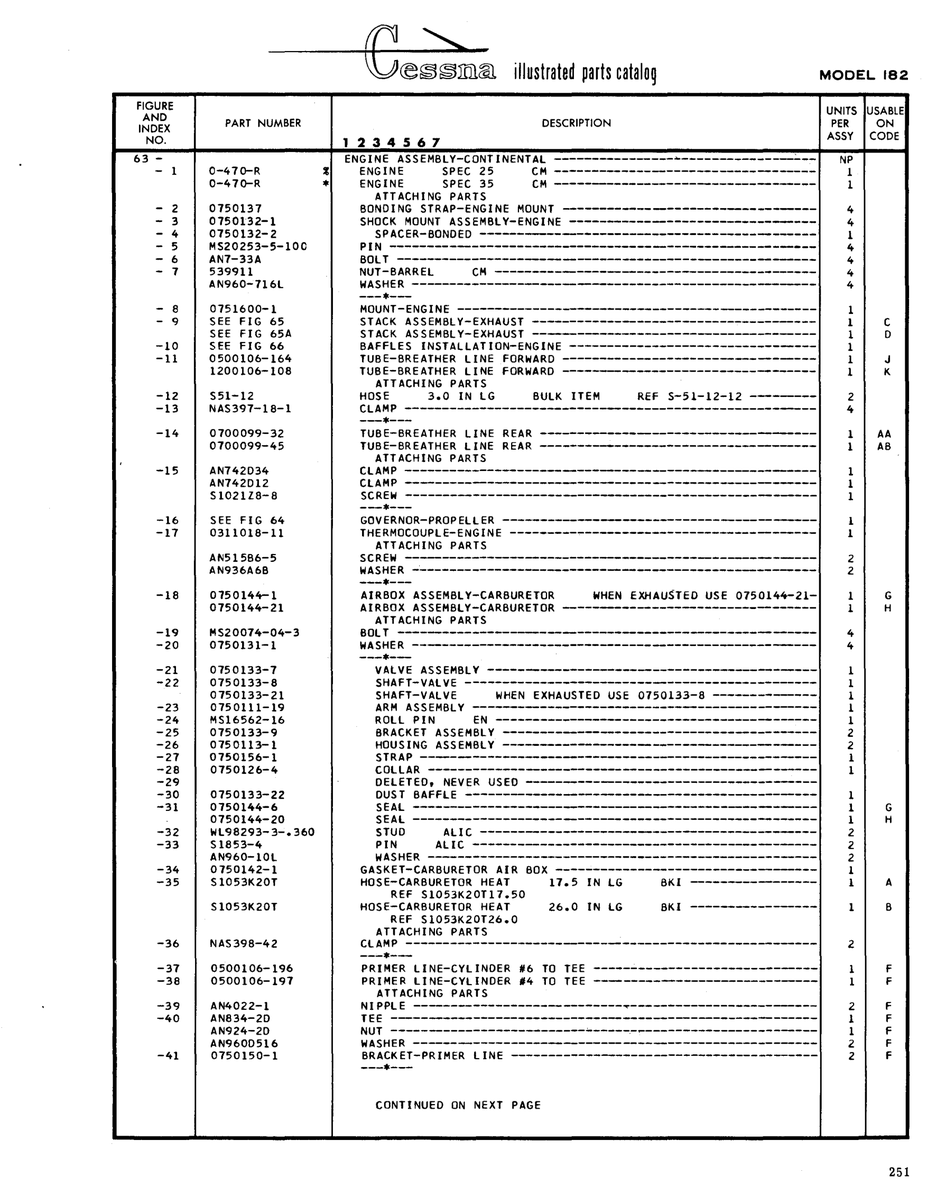 Aviation Part 0500106-164 for Cessna 182 Skylane Aircraft