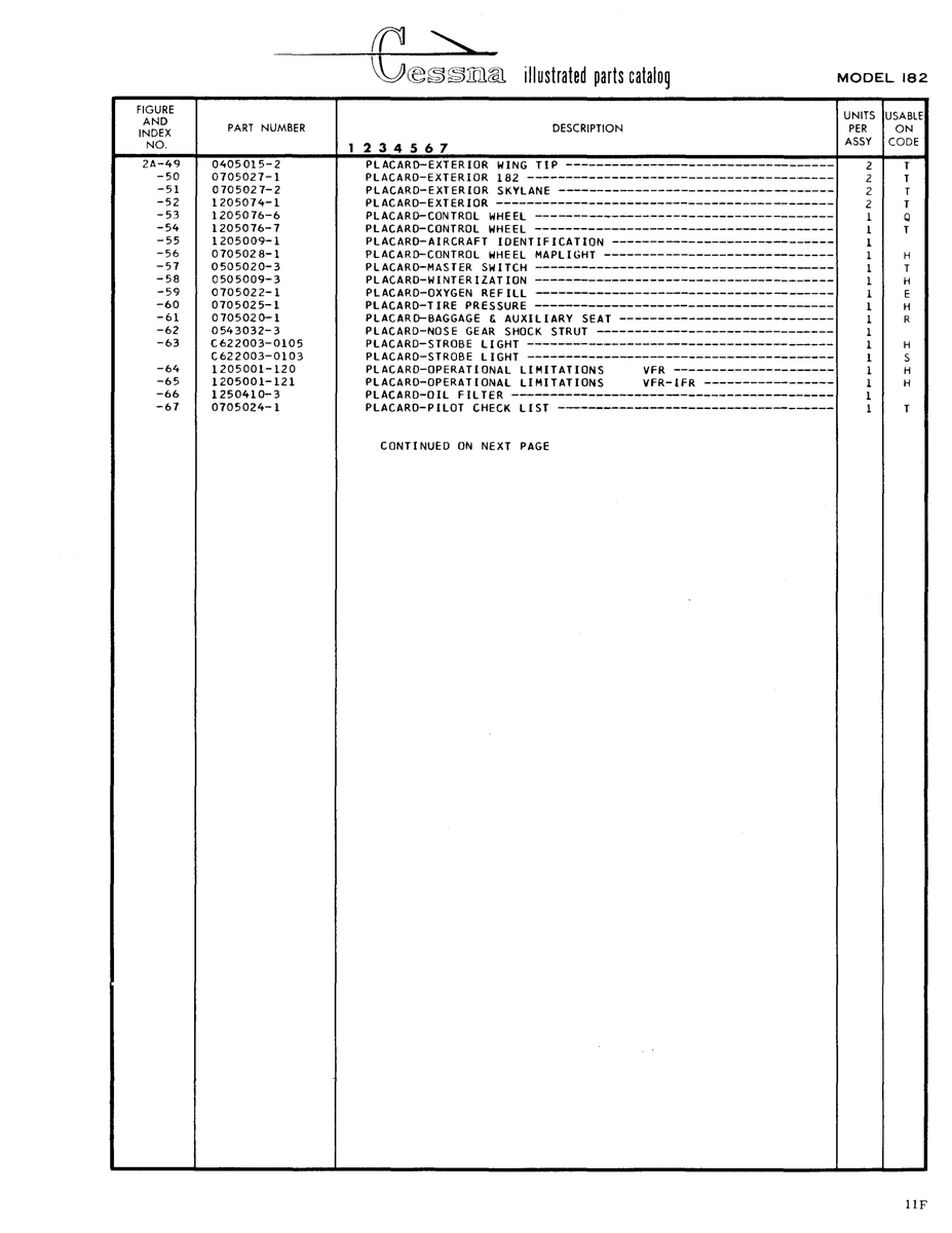 Aviation Part 0505020-3 for Cessna 182 Skylane Aircraft
