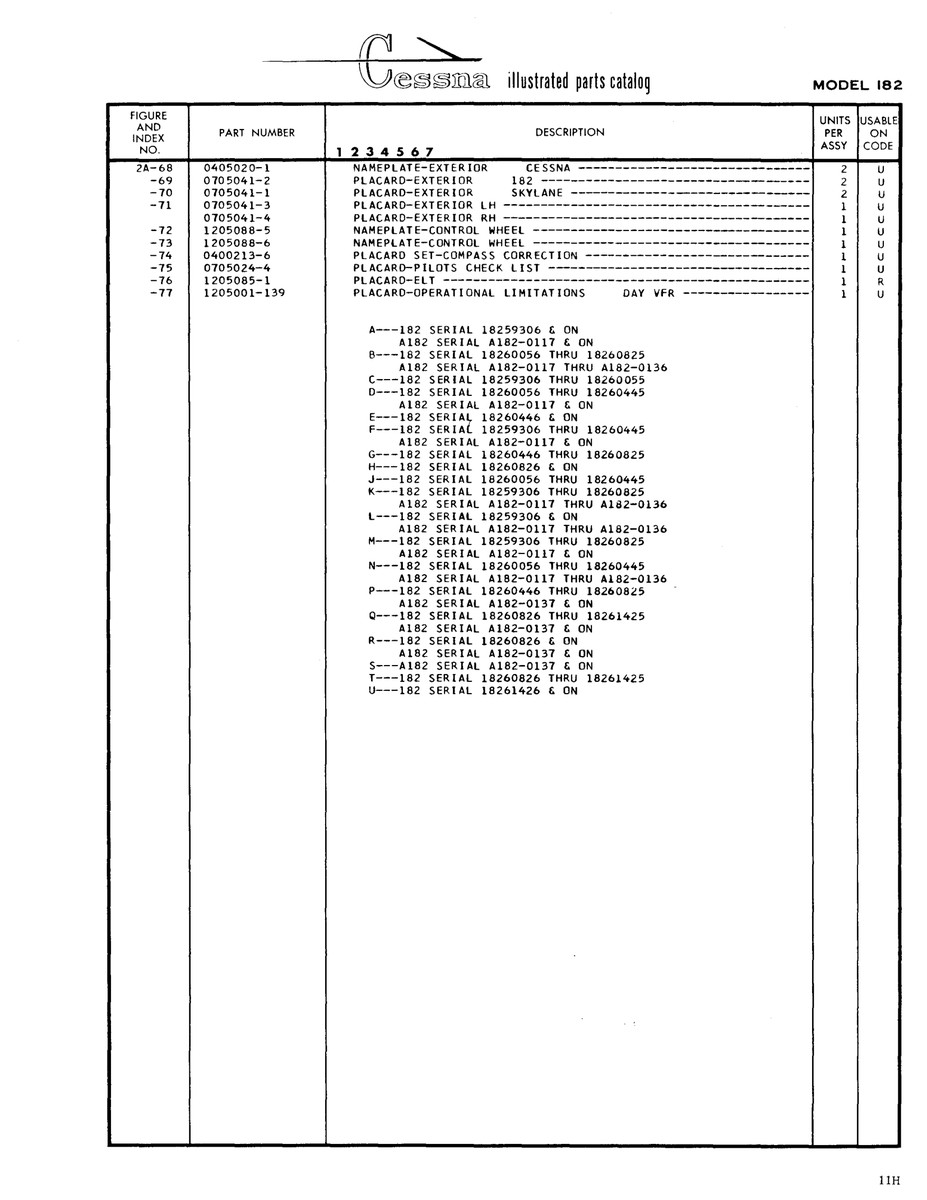 Aviation Part 0-405020-1 for Cessna 182 Skylane Aircraft