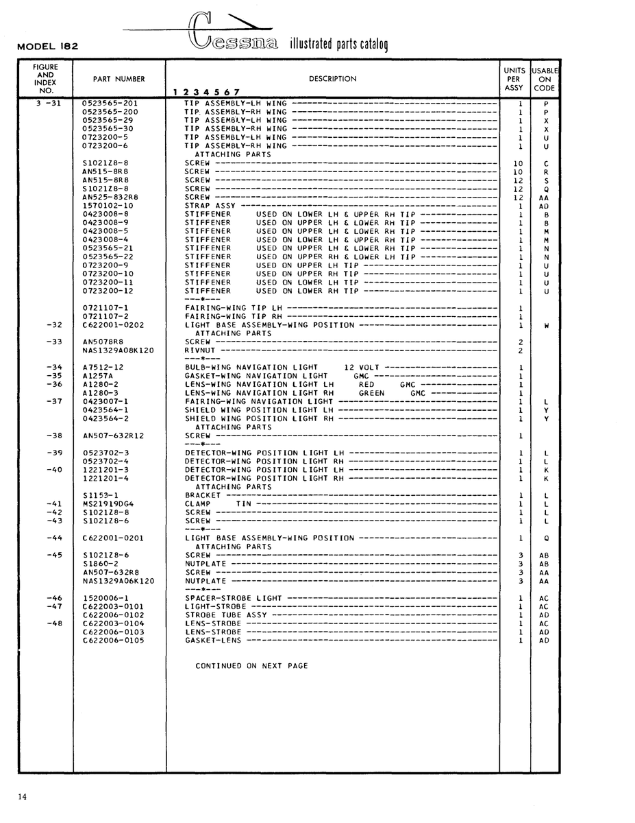 Aviation Part 0423007-1 for Cessna 182 Skylane Aircraft