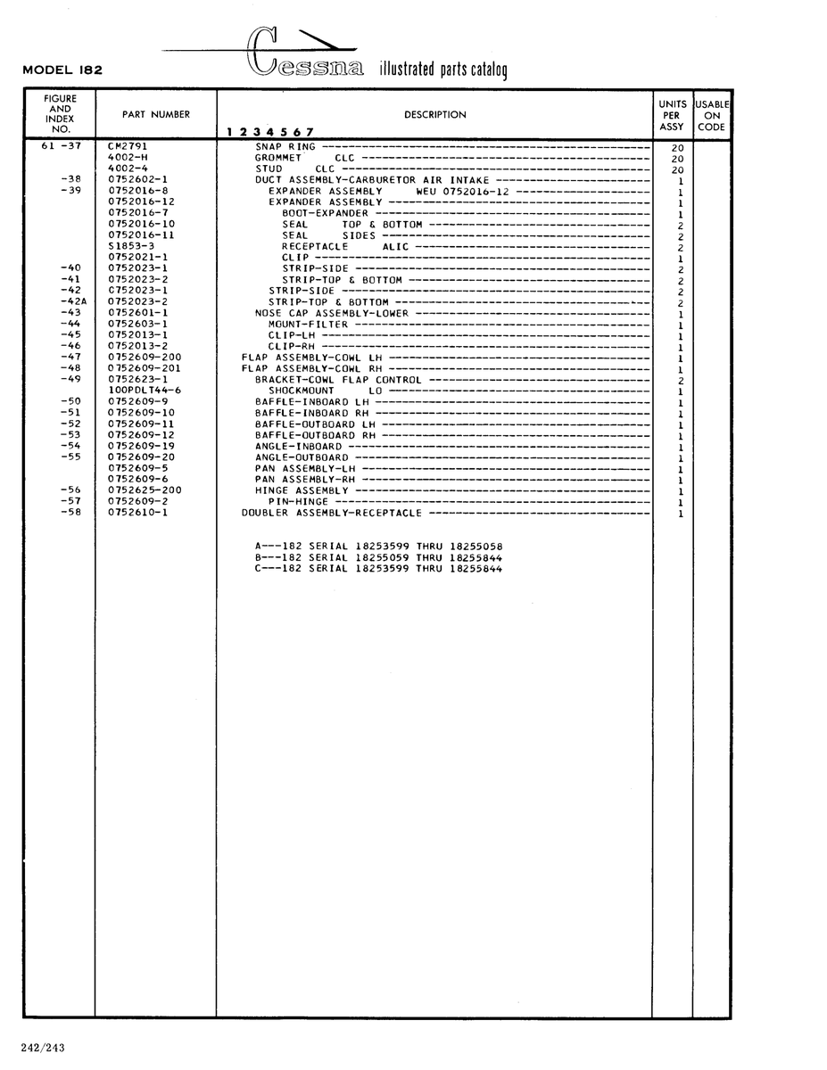 Aviation Part 0152609-20 for Cessna 182 Skylane Aircraft