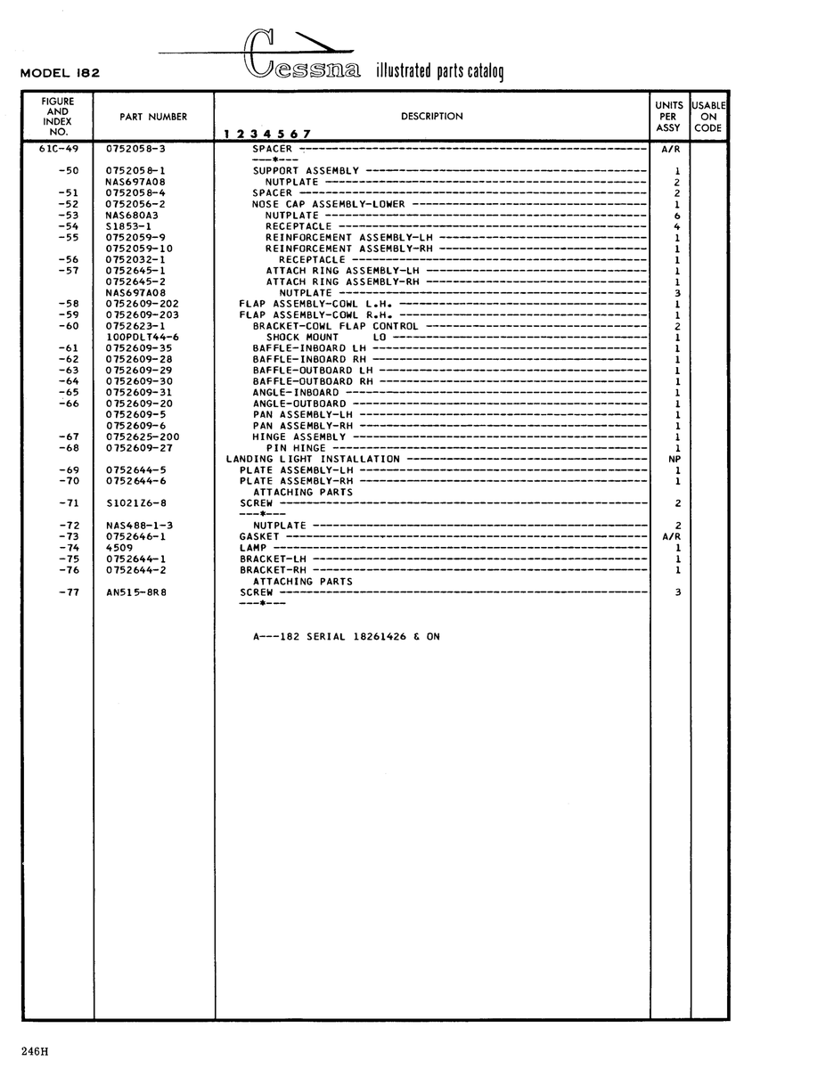 Aviation Part 0752056-2 for Cessna 182 Skylane Aircraft