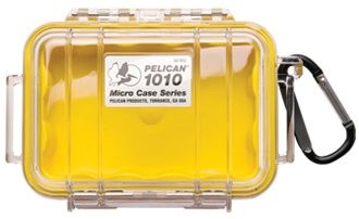 1010 Micro Case/Clear case with yellow liner, Includes: Rubber Liner, Stainless Steel Hardware and Carabiner, Interior Dimensions: 4.37 x 2.87 x 1.68, Exterior Dimensions: 5 7/16 x 4 1/6 x 2 1/8, Water Resistant, Crushproof, and Dust Proof 