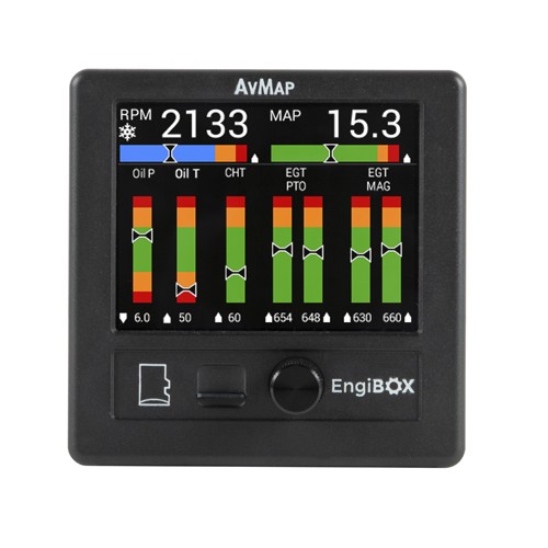 AvMap EngiBOX/Stand-alone engine monitoring system. Displays EGT (exhaust gas temp), CHT (cylinder head temp), Coolant temp, Oil temp, Air temp, Oil pressure, RPM, MAP. Compatible with Rotax Engines: 912, 91S, 914, 618, 582, 503, and 447 series. UX0EMS10A