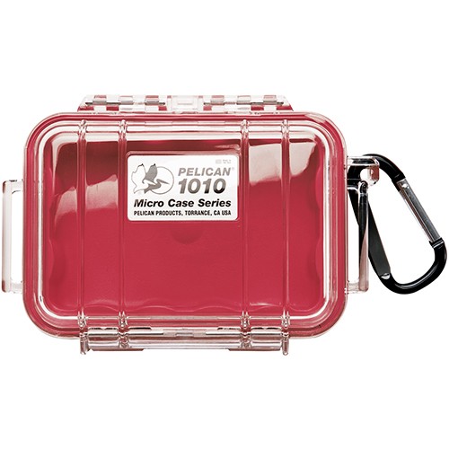 1010 Micro Case/Red with clear lid, Includes: Rubber Liner, Stainless Steel Hardware and Carabiner, Interior Dimensions: 4.37 x 2.87 x 1.68, Exterior Dimensions: 5 7/16 x 4 1/6 x 2 1/8, Water Resistant, Crushproof, and Dust Proof 1010-028-100