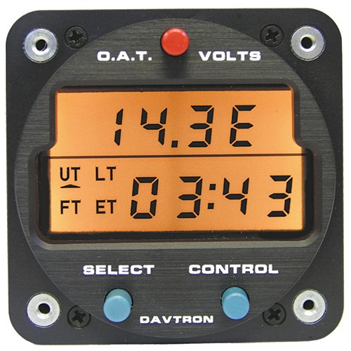 CHRONOMETER/Digital Clock with 5V lighting. O.A.T. (outside air temperature) Fahrenheit and Celsius. Displays Universal time, Local time, Elapsed time and Flight time, red and blue buttons, Includes Temperature Probe and backup battery.  M803B-2-0/5-BATT