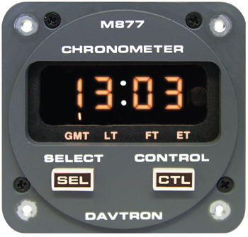 Chronometer/Led Digital clock. Gray faceplate with 28V illuminating buttons. Displays Universal time, 24 hour Local time, Flight time, and Elapsed time. 2 1/4 internal mount.  2-button control, Sunlight readable, Automatic dimming.  877A-28V-24