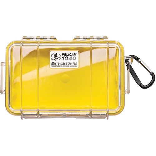 1040 Micro Case/Clear case with yellow liner, Includes: Rubber Liner, Stainless Steel Hardware and Carabiner, Interior Dimensions: 6.50 x 3.87 x 1.75, Exterior Dimensions: 7 1/2 x 5 1/16 x 2 1/8, Water Resistant, Crushproof, and Dust Proof 1040-127-100