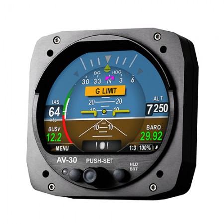 Certified Multi Function Display/Primary attitude, primary slip, primary direction indication, probe-less angle of attack, indicated airspeed (kts/Mph), altitude-vertical trend-alerter, +8/-8 G-meter, OAT/TAS/Density altitude, bus voltage, GPS navigationa