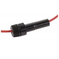 Inline Fuse Holder/Universal Glass Bayonet Knob. Constructed of tough black thermoset (UL94V0). Includes 3 springs for various fuse sizes and spring-locked, bayonet type knob. Supplied with 15 loop of 14 gauge red wire. Use with Glass Sfe 71/2, 9, 14, 20,