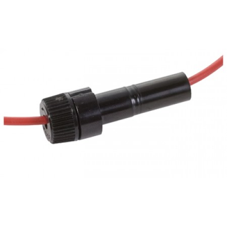 Inline Fuse Holder/Universal Glass Bayonet Knob. Constructed of tough black thermoset (UL94V0). Includes 3 springs for various fuse sizes and spring-locked, bayonet type knob. Supplied with 15 loop of 14 gauge red wire. Use with Glass Sfe 71/2, 9, 14, 20, Inline Fuse Holder/Universal Glass Bayonet Knob. Constructed of tough black thermoset (UL94V0). Includes 3 springs for various fuse sizes and spring-locked, bayonet type knob. Supplied with 15 loop of 14 gauge red wire. Use with Glass Sfe 71/2, 9, 14, 20,
