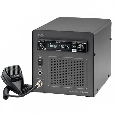 VHF AIRBAND TRANSCEIVER/With PS-80 05 Base Station. 12-24VDC, OLED display, includes HM-176 hand microphone , microphone hanger bracket, power cord, MBA-3 rear panel adapter with a card edge connector. IC-A220B