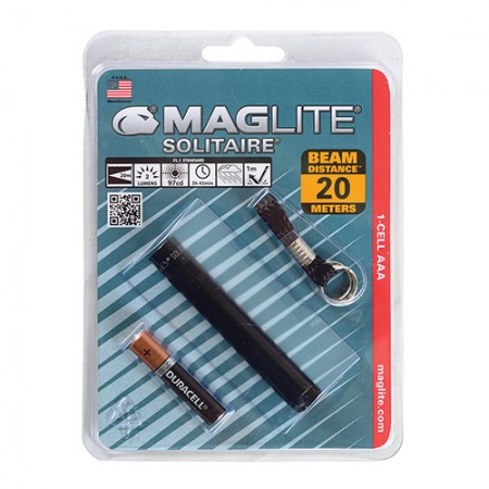 Mag-Lite Solitaire Flashlight Hang Pack/Black, includes: flashlight, key chain and 1 ea Aaa alkaline battery. 120-000-808 Mag-Lite Solitaire Flashlight Hang Pack/Black, includes: flashlight, key chain and 1 ea Aaa alkaline battery. 120-000-808