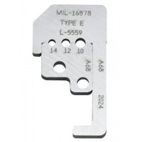 Custom Stripmaster Blade Set/For 45-176. 10-14 AWG wire, E M16878 600V. Contains counterbored hole sized to insulation and inner stripping hole sized to conductor. Special blade configuration for specific applications. L5559