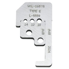 Custom Stripmaster Blade Set/For 45-176. 10-14 AWG wire, E M16878 600V. Contains counterbored hole sized to insulation and inner stripping hole sized to conductor. Special blade configuration for specific applications. L5559