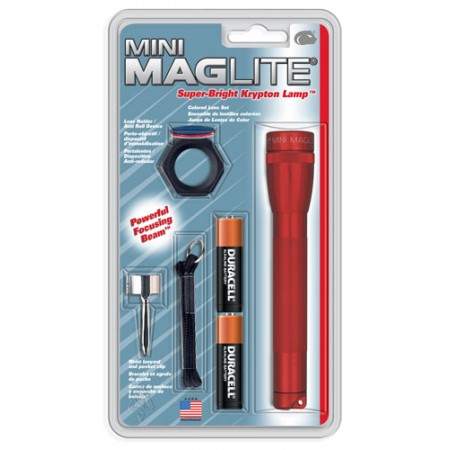 Mini Mag-Lite Combo Pack/Red, includes: flashlight, pocket clip, lanyard wrist strap, lens holder, red, blue and clear lenses, and 2ea Aa cell premium alkaline batteries. 106-000-346