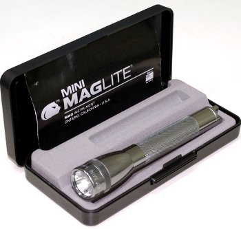 Mini Mag-Lite Flashlight Presentation Box/Gray Pewter, includes: flashlight and 2 ea Aa alkaline batteries.