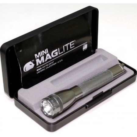Mini Mag-Lite Flashlight Presentation Box/Gray Pewter, includes: flashlight and 2 ea Aa alkaline batteries. 