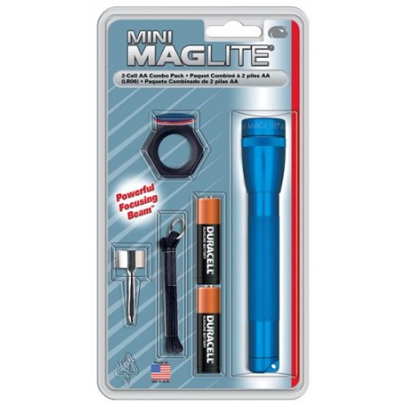 Mini Mag-Lite Combo Pack/Blue, includes: flashlight, pocket clip, lanyard wrist strap, lens holder, red, blue and clear lenses, and 2ea Aa cell premium alkaline batteries. 106-000-715 Mini Mag-Lite Combo Pack/Blue, includes: flashlight, pocket clip, lanyard wrist strap, lens holder, red, blue and clear lenses, and 2ea Aa cell premium alkaline batteries. 106-000-715