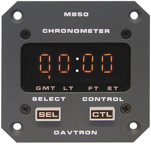 Chronometer/M850 Digital clock, 5V lighting. Displays universal time, local time and flight time, 24 hour Lt, 2 1/4 front mount, 2 button control, with screw lock. 850-5V-SL